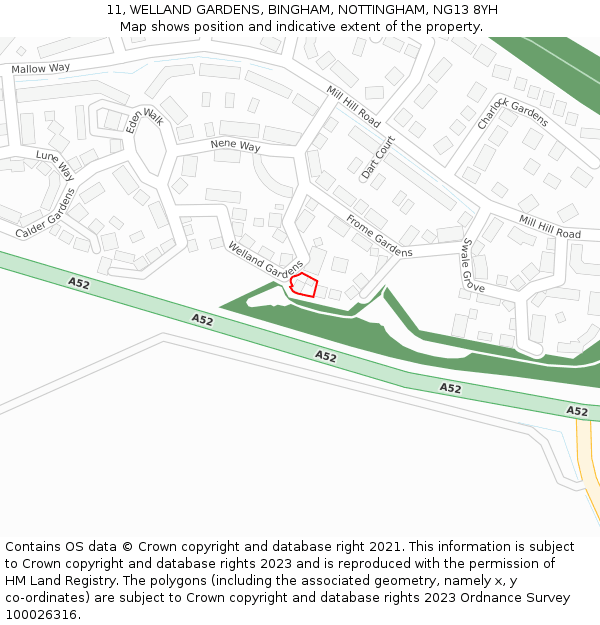 11, WELLAND GARDENS, BINGHAM, NOTTINGHAM, NG13 8YH: Location map and indicative extent of plot
