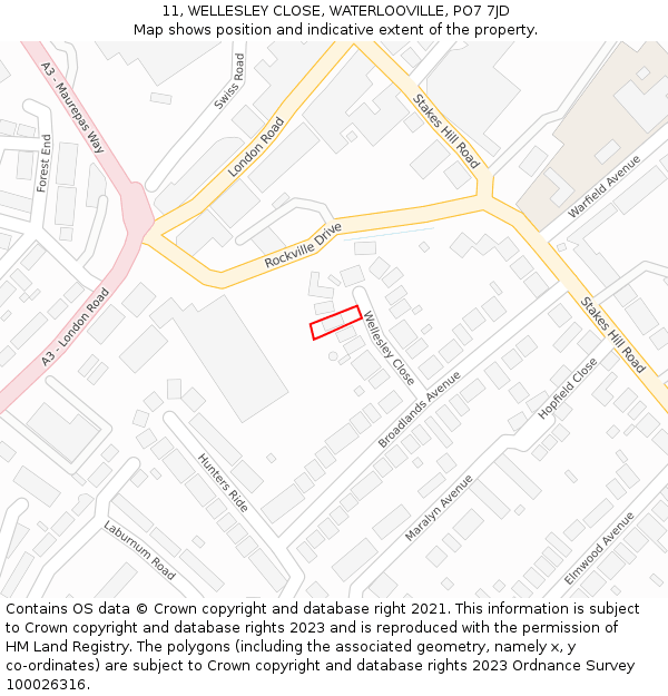 11, WELLESLEY CLOSE, WATERLOOVILLE, PO7 7JD: Location map and indicative extent of plot