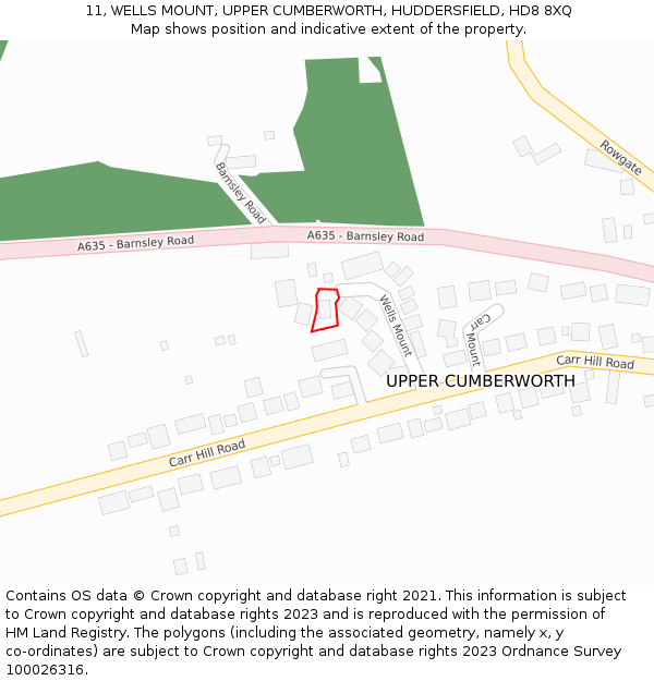 11, WELLS MOUNT, UPPER CUMBERWORTH, HUDDERSFIELD, HD8 8XQ: Location map and indicative extent of plot