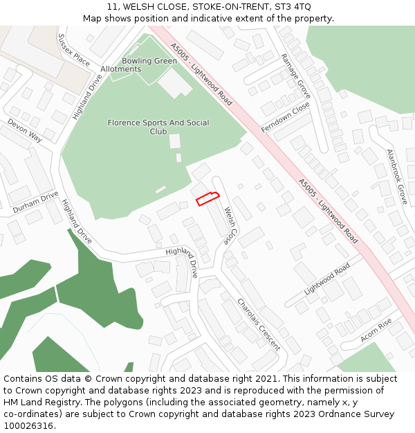 11, WELSH CLOSE, STOKE-ON-TRENT, ST3 4TQ: Location map and indicative extent of plot