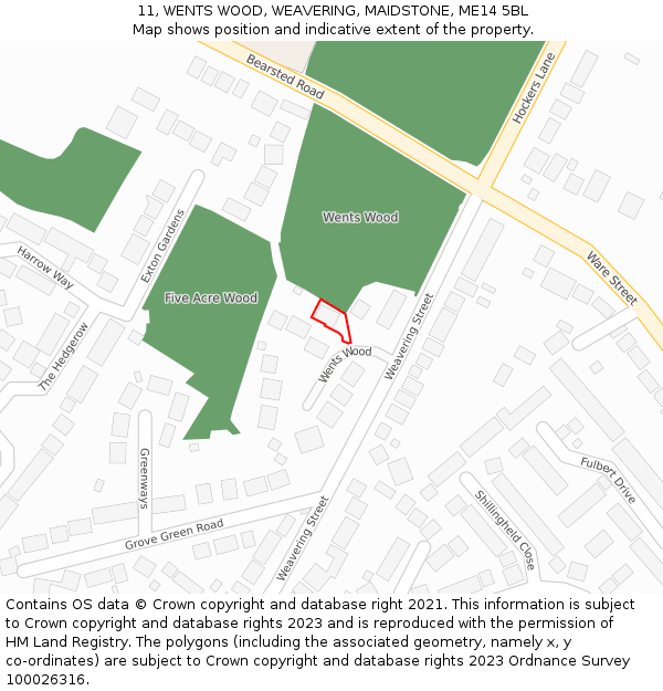 11, WENTS WOOD, WEAVERING, MAIDSTONE, ME14 5BL: Location map and indicative extent of plot