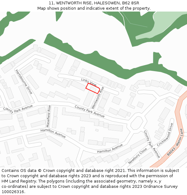 11, WENTWORTH RISE, HALESOWEN, B62 8SR: Location map and indicative extent of plot