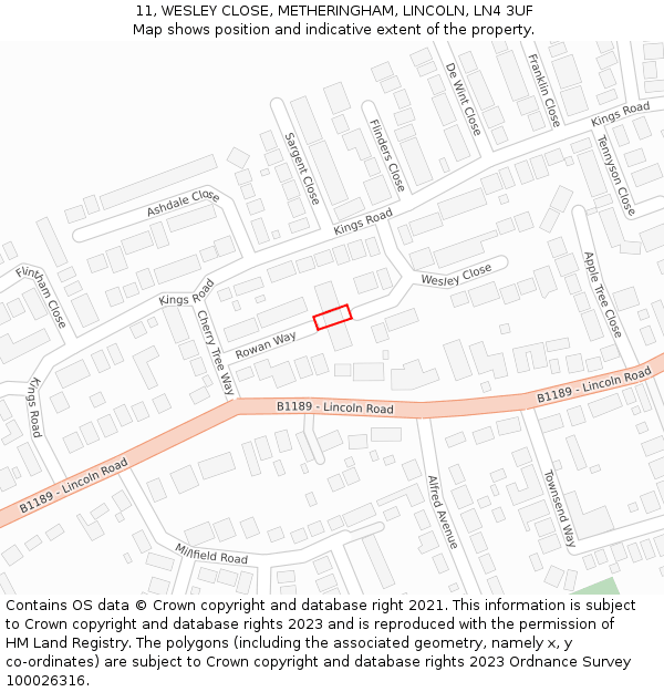 11, WESLEY CLOSE, METHERINGHAM, LINCOLN, LN4 3UF: Location map and indicative extent of plot
