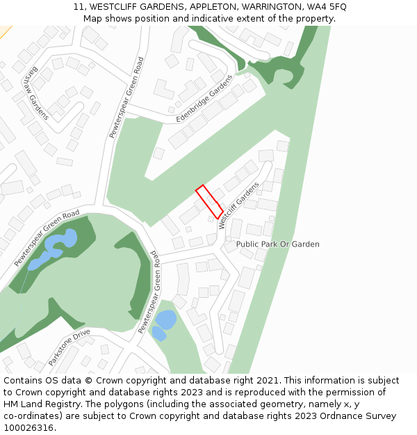 11, WESTCLIFF GARDENS, APPLETON, WARRINGTON, WA4 5FQ: Location map and indicative extent of plot