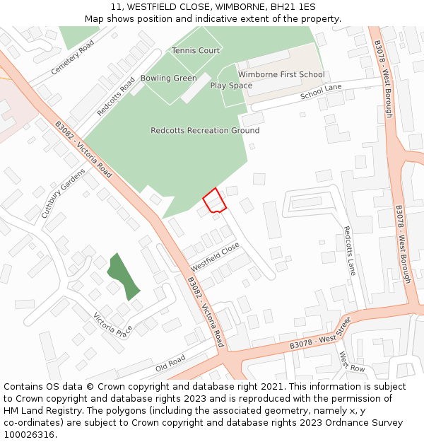 11, WESTFIELD CLOSE, WIMBORNE, BH21 1ES: Location map and indicative extent of plot