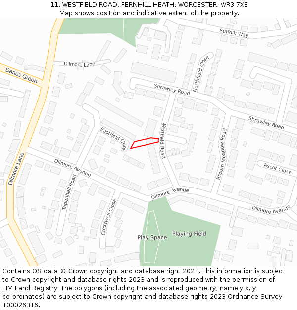 11, WESTFIELD ROAD, FERNHILL HEATH, WORCESTER, WR3 7XE: Location map and indicative extent of plot