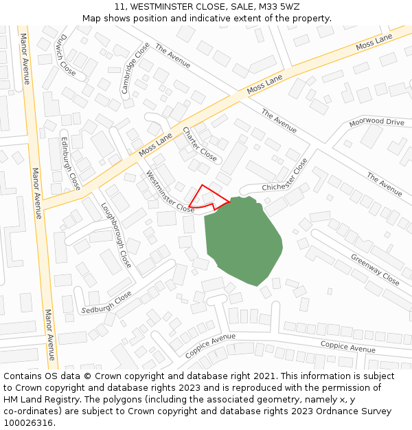 11, WESTMINSTER CLOSE, SALE, M33 5WZ: Location map and indicative extent of plot