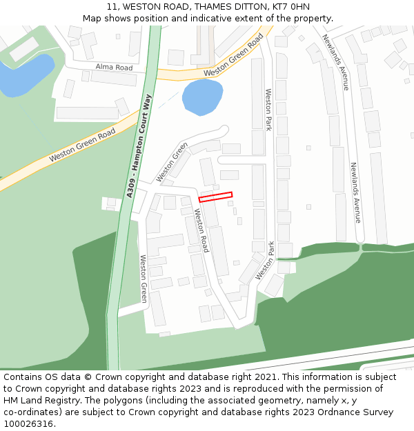 11, WESTON ROAD, THAMES DITTON, KT7 0HN: Location map and indicative extent of plot