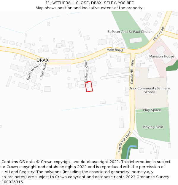 11, WETHERALL CLOSE, DRAX, SELBY, YO8 8PE: Location map and indicative extent of plot