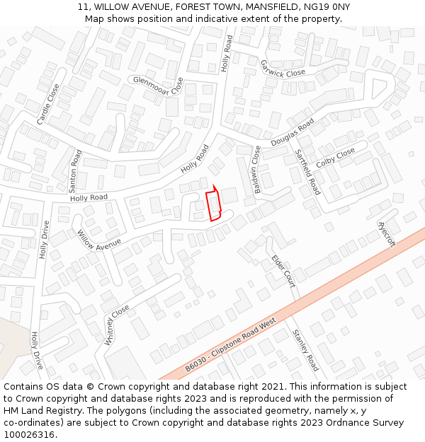 11, WILLOW AVENUE, FOREST TOWN, MANSFIELD, NG19 0NY: Location map and indicative extent of plot
