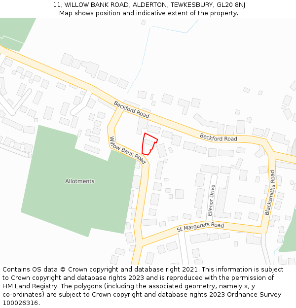 11, WILLOW BANK ROAD, ALDERTON, TEWKESBURY, GL20 8NJ: Location map and indicative extent of plot