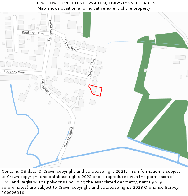 11, WILLOW DRIVE, CLENCHWARTON, KING'S LYNN, PE34 4EN: Location map and indicative extent of plot