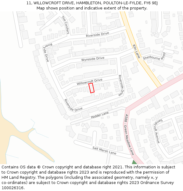 11, WILLOWCROFT DRIVE, HAMBLETON, POULTON-LE-FYLDE, FY6 9EJ: Location map and indicative extent of plot