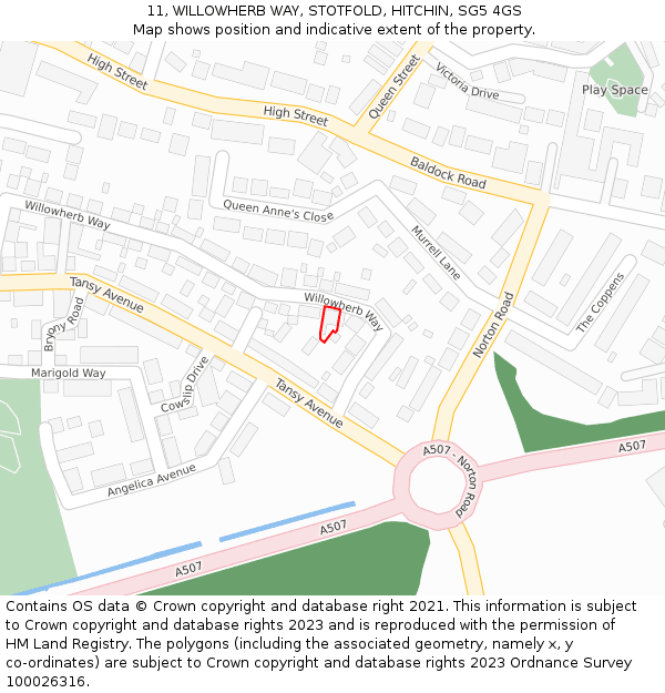 11, WILLOWHERB WAY, STOTFOLD, HITCHIN, SG5 4GS: Location map and indicative extent of plot