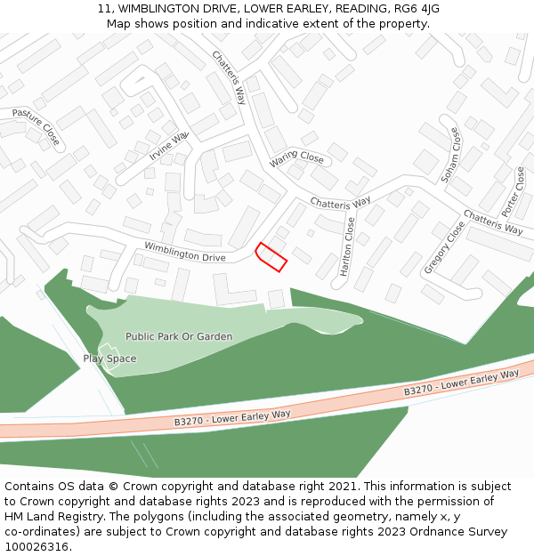 11, WIMBLINGTON DRIVE, LOWER EARLEY, READING, RG6 4JG: Location map and indicative extent of plot