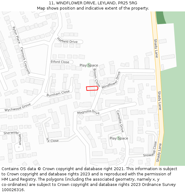 11, WINDFLOWER DRIVE, LEYLAND, PR25 5RG: Location map and indicative extent of plot