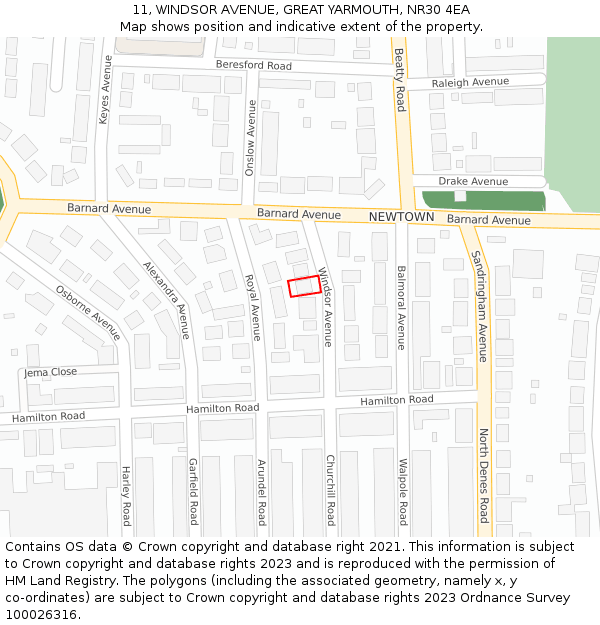 11, WINDSOR AVENUE, GREAT YARMOUTH, NR30 4EA: Location map and indicative extent of plot