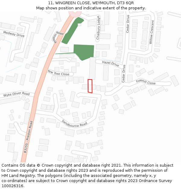 11, WINGREEN CLOSE, WEYMOUTH, DT3 6QR: Location map and indicative extent of plot