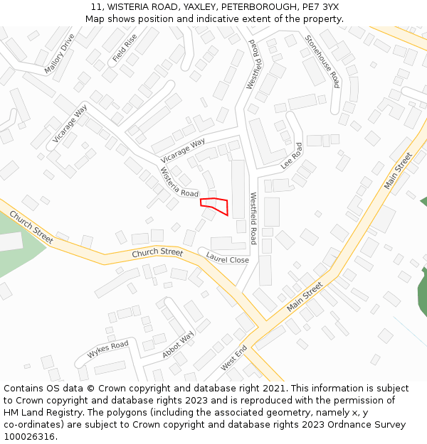 11, WISTERIA ROAD, YAXLEY, PETERBOROUGH, PE7 3YX: Location map and indicative extent of plot