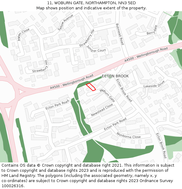 11, WOBURN GATE, NORTHAMPTON, NN3 5ED: Location map and indicative extent of plot