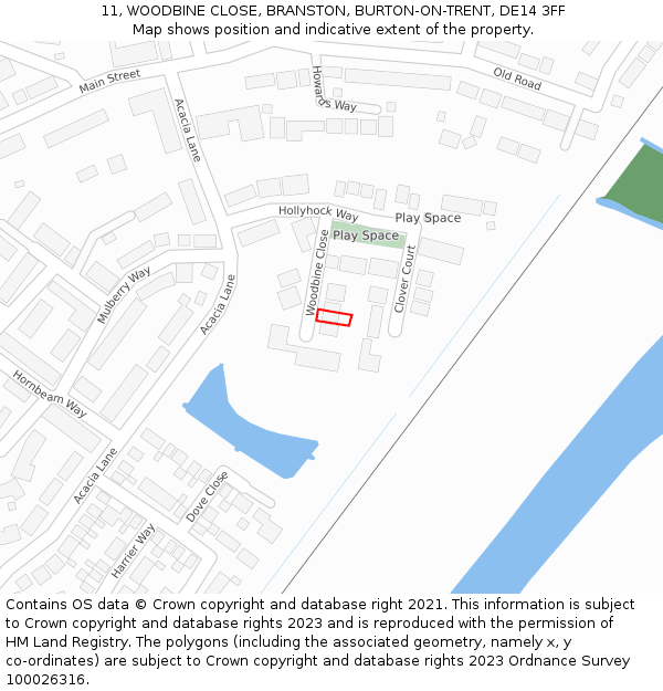 11, WOODBINE CLOSE, BRANSTON, BURTON-ON-TRENT, DE14 3FF: Location map and indicative extent of plot