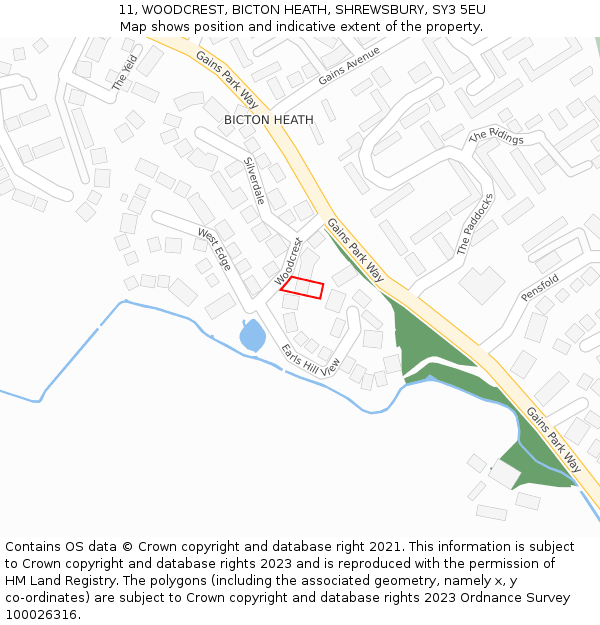 11, WOODCREST, BICTON HEATH, SHREWSBURY, SY3 5EU: Location map and indicative extent of plot