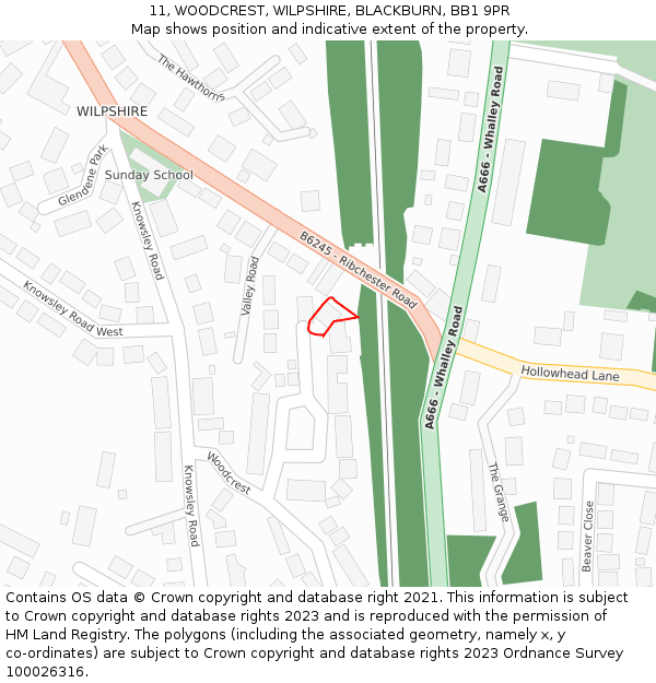 11, WOODCREST, WILPSHIRE, BLACKBURN, BB1 9PR: Location map and indicative extent of plot