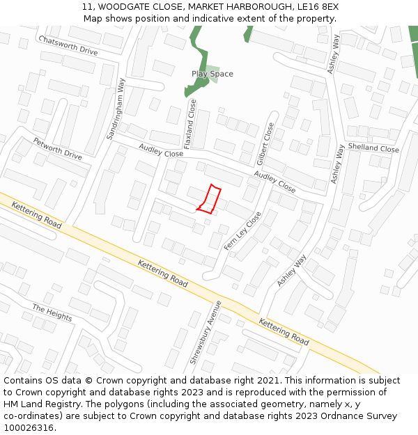 11, WOODGATE CLOSE, MARKET HARBOROUGH, LE16 8EX: Location map and indicative extent of plot