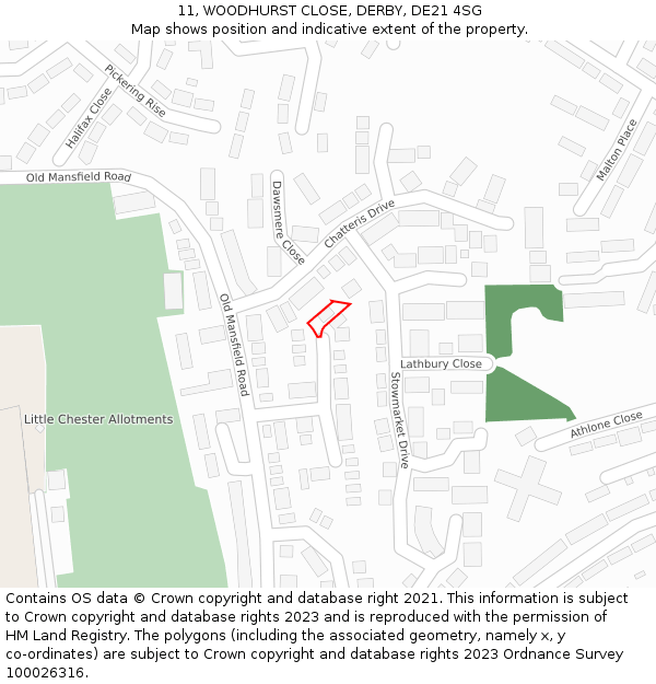 11, WOODHURST CLOSE, DERBY, DE21 4SG: Location map and indicative extent of plot