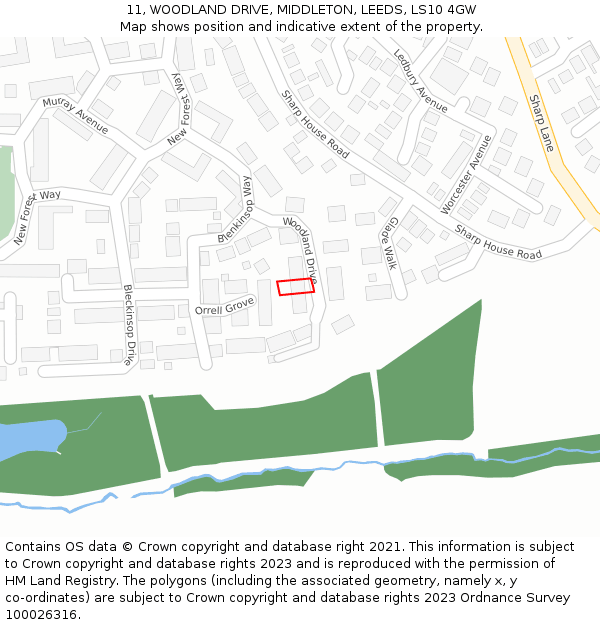 11, WOODLAND DRIVE, MIDDLETON, LEEDS, LS10 4GW: Location map and indicative extent of plot