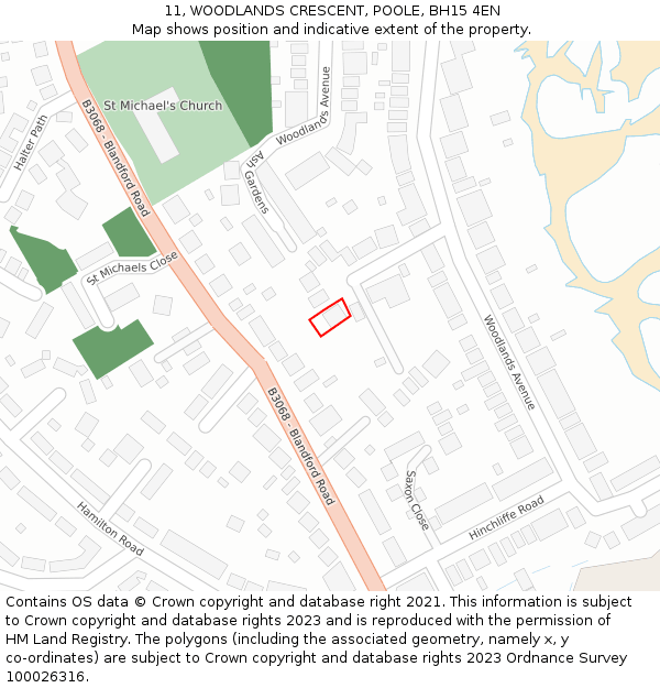 11, WOODLANDS CRESCENT, POOLE, BH15 4EN: Location map and indicative extent of plot