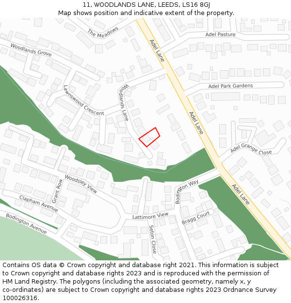 11, WOODLANDS LANE, LEEDS, LS16 8GJ: Location map and indicative extent of plot