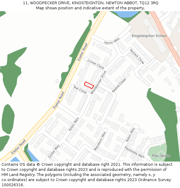 11, WOODPECKER DRIVE, KINGSTEIGNTON, NEWTON ABBOT, TQ12 3RQ: Location map and indicative extent of plot