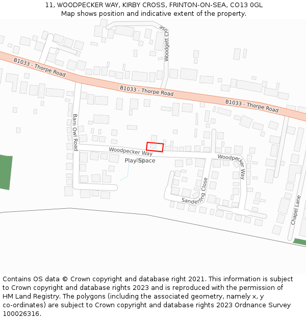11, WOODPECKER WAY, KIRBY CROSS, FRINTON-ON-SEA, CO13 0GL: Location map and indicative extent of plot
