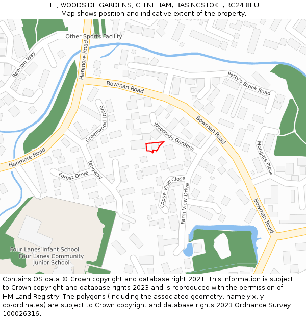 11, WOODSIDE GARDENS, CHINEHAM, BASINGSTOKE, RG24 8EU: Location map and indicative extent of plot