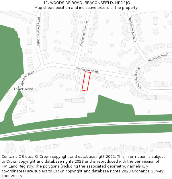 11, WOODSIDE ROAD, BEACONSFIELD, HP9 1JG: Location map and indicative extent of plot