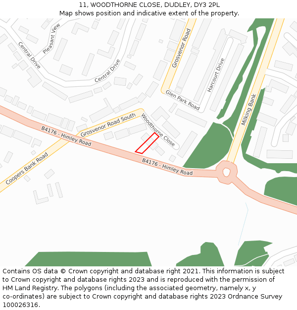 11, WOODTHORNE CLOSE, DUDLEY, DY3 2PL: Location map and indicative extent of plot