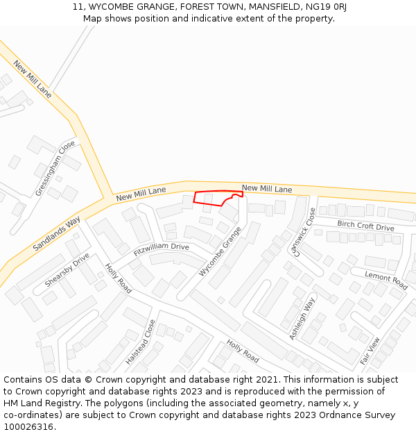 11, WYCOMBE GRANGE, FOREST TOWN, MANSFIELD, NG19 0RJ: Location map and indicative extent of plot