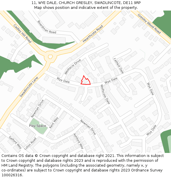 11, WYE DALE, CHURCH GRESLEY, SWADLINCOTE, DE11 9RP: Location map and indicative extent of plot