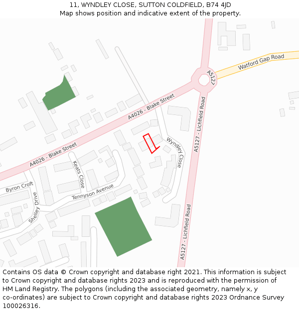 11, WYNDLEY CLOSE, SUTTON COLDFIELD, B74 4JD: Location map and indicative extent of plot