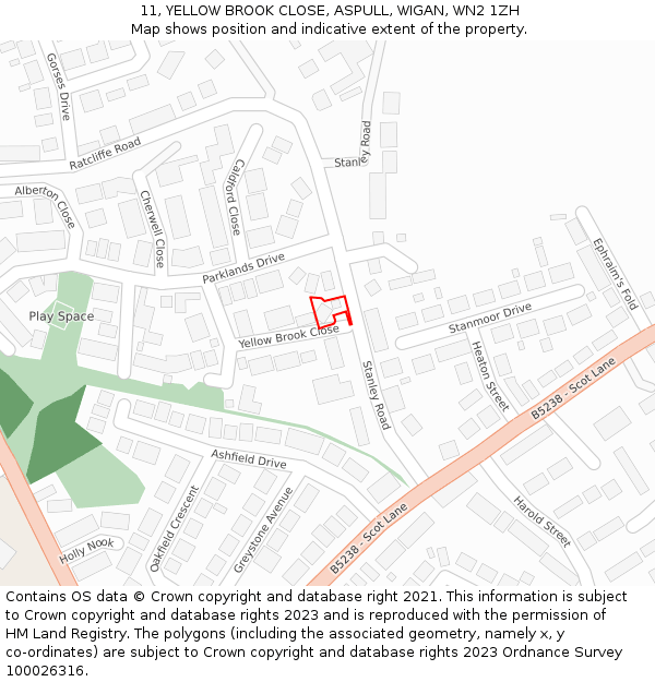 11, YELLOW BROOK CLOSE, ASPULL, WIGAN, WN2 1ZH: Location map and indicative extent of plot