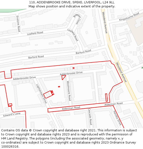 110, ADDENBROOKE DRIVE, SPEKE, LIVERPOOL, L24 9LL: Location map and indicative extent of plot
