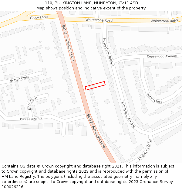 110, BULKINGTON LANE, NUNEATON, CV11 4SB: Location map and indicative extent of plot