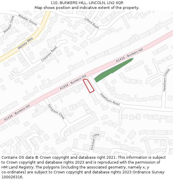 110, BUNKERS HILL, LINCOLN, LN2 4QR: Location map and indicative extent of plot