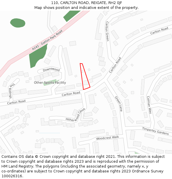110, CARLTON ROAD, REIGATE, RH2 0JF: Location map and indicative extent of plot