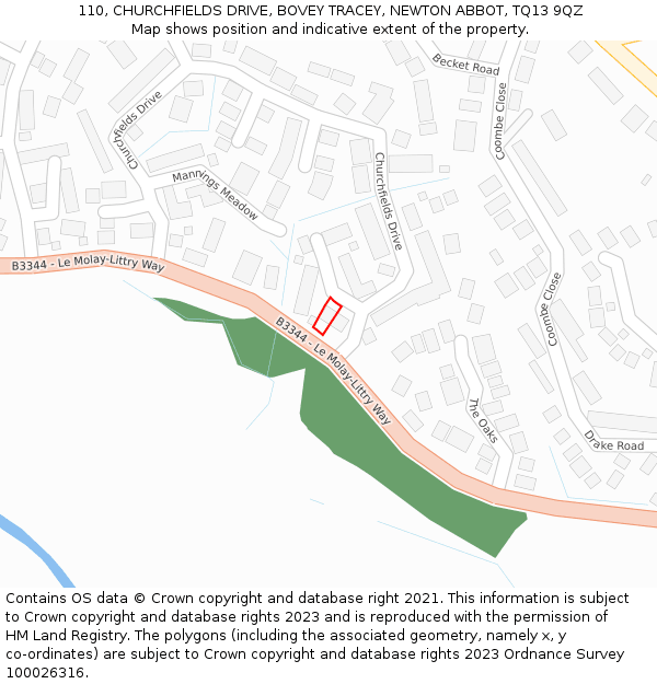 110, CHURCHFIELDS DRIVE, BOVEY TRACEY, NEWTON ABBOT, TQ13 9QZ: Location map and indicative extent of plot