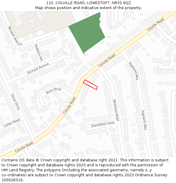 110, COLVILLE ROAD, LOWESTOFT, NR33 9QZ: Location map and indicative extent of plot