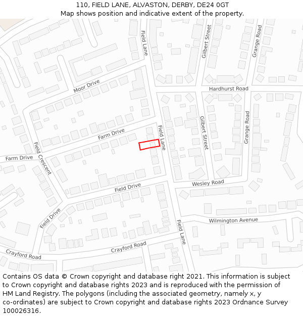 110, FIELD LANE, ALVASTON, DERBY, DE24 0GT: Location map and indicative extent of plot