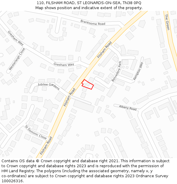110, FILSHAM ROAD, ST LEONARDS-ON-SEA, TN38 0PQ: Location map and indicative extent of plot
