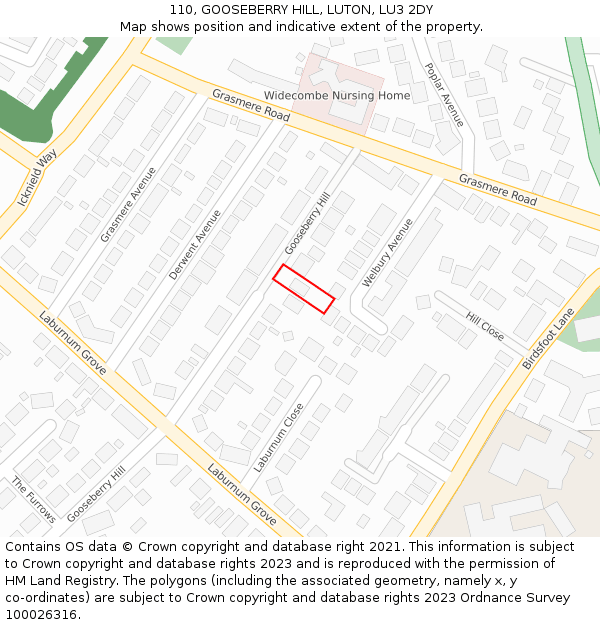 110, GOOSEBERRY HILL, LUTON, LU3 2DY: Location map and indicative extent of plot